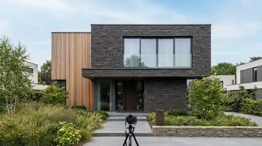 Moderne woning met verschillende gevelmaterialen en architecturale accenten
