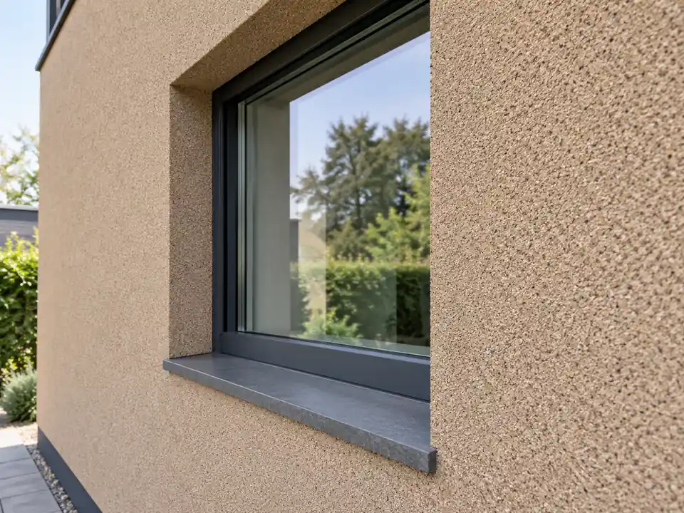 Detail van spuitkurk gevelafwerking met een nette aansluiting rond het raam